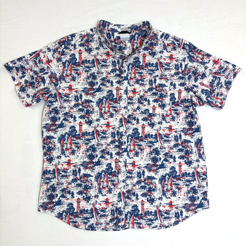 Columbia Mens XXL Nautical Sailboat Lighthouse Print Short Sleeve Shirt Preppy